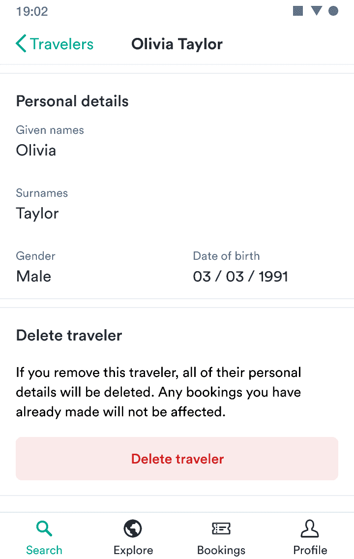 A screen with details on a traveler, with a critical subtle button at the button to 'Delete traveler'.