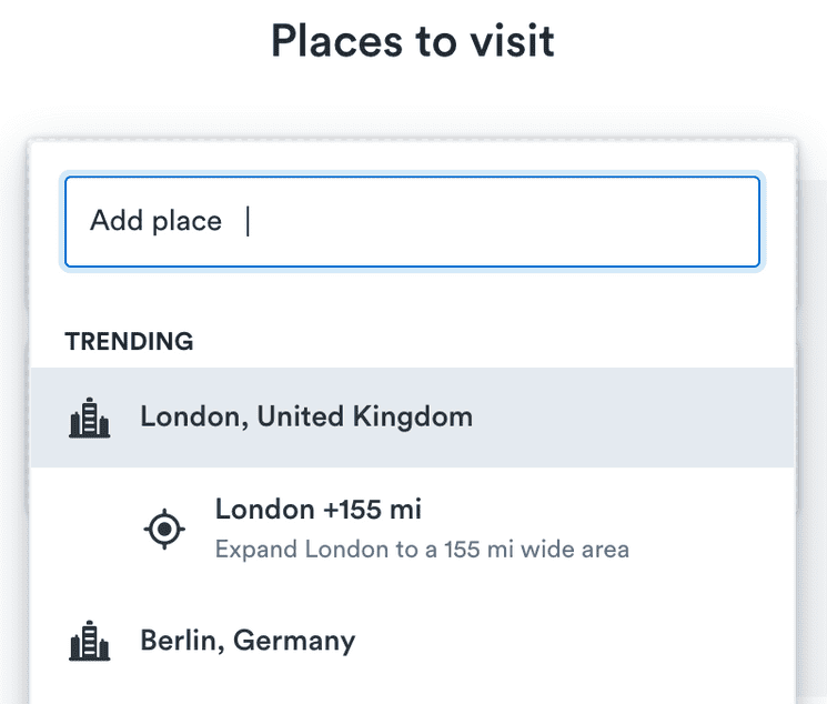 An input field with the text 'Add place' and some suggested destinations.
