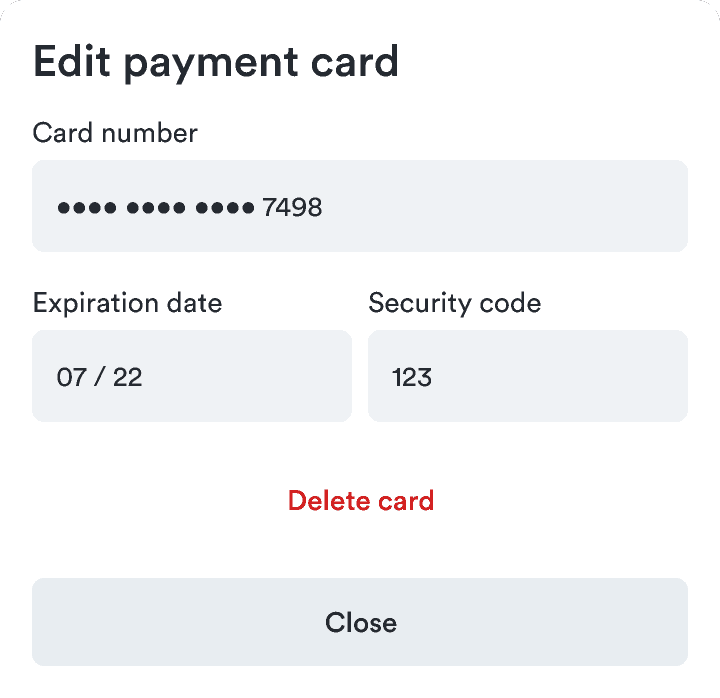A form to edit payment card details with a secondary button to 'Close' and a critical button link to 'Delete card'.