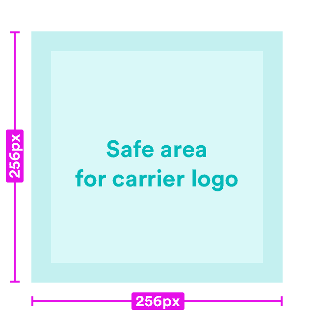 A box 256 px by 256 px with the text 'safe area for carrier logo'
