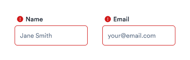 An unfocused error form shows two inputs (name and email) have errors, but neither message is shown