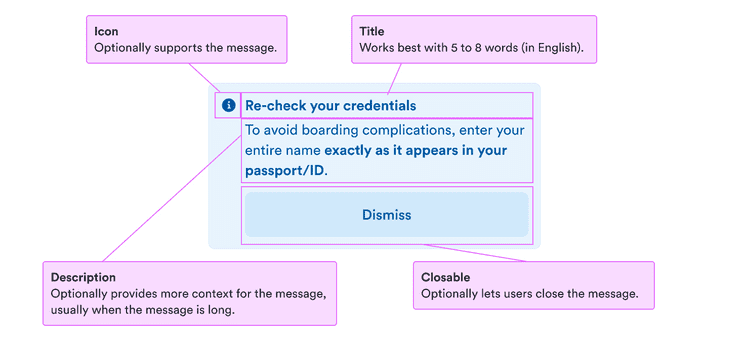 Icon: supports the message; title: works best with 5 to 8 words (in English); closable: optionally lets users close the message; action: optionally adds related actions for users to take; description: provides more context for the message, usually when the message is long.