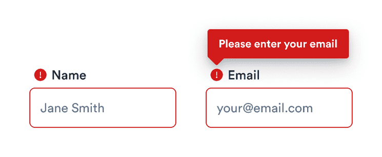 Focusing on the email field reveals the error message there, and hides it for the name