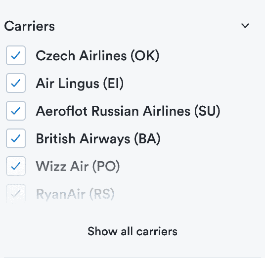 A search filter with a list of carriers that is incomplete and a secondary button link to 'Show all carriers'.