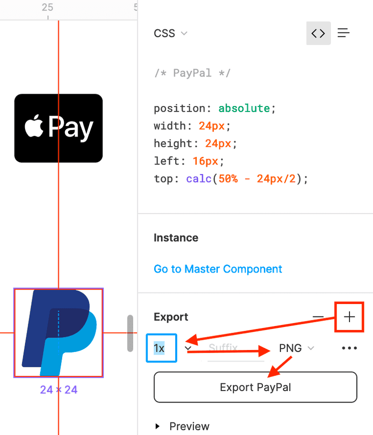 Click the +, then choose the size and format, then click the Export button.