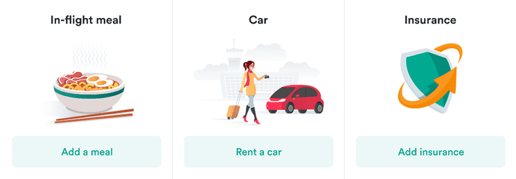 Images, text, and buttons for three options: Add a meal, Rent a car, Add insurance. Each option has a primary subtle button.