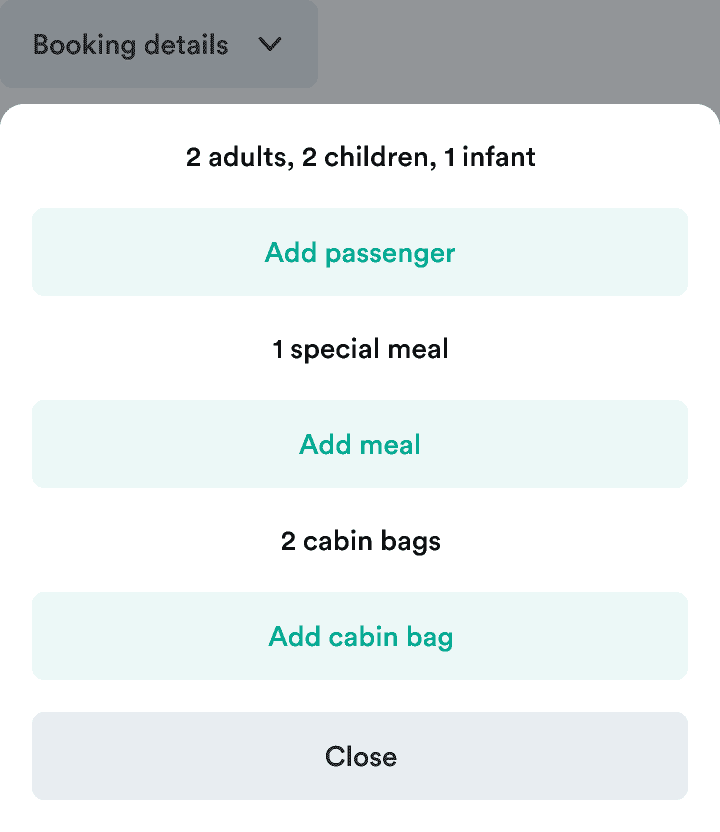 A popover with buttons to add passenger, add special meals, and add cabin bags.