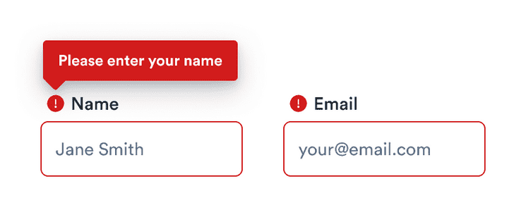 Focusing on the name field reveals the error message there, but not for the email